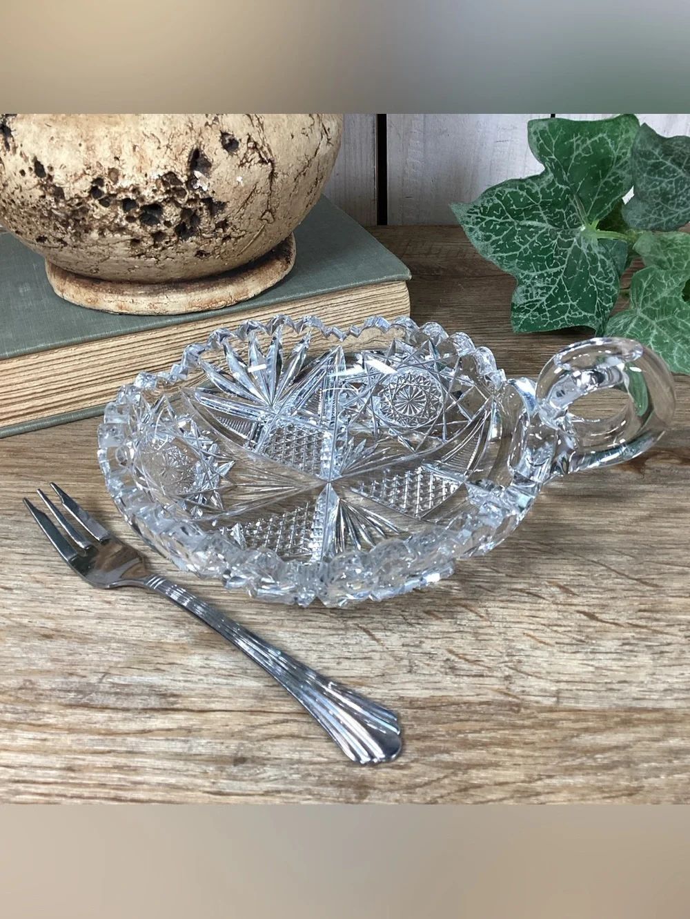Vintage Brilliant Cut Crystal Nappy Dish with Cocktail Fork
